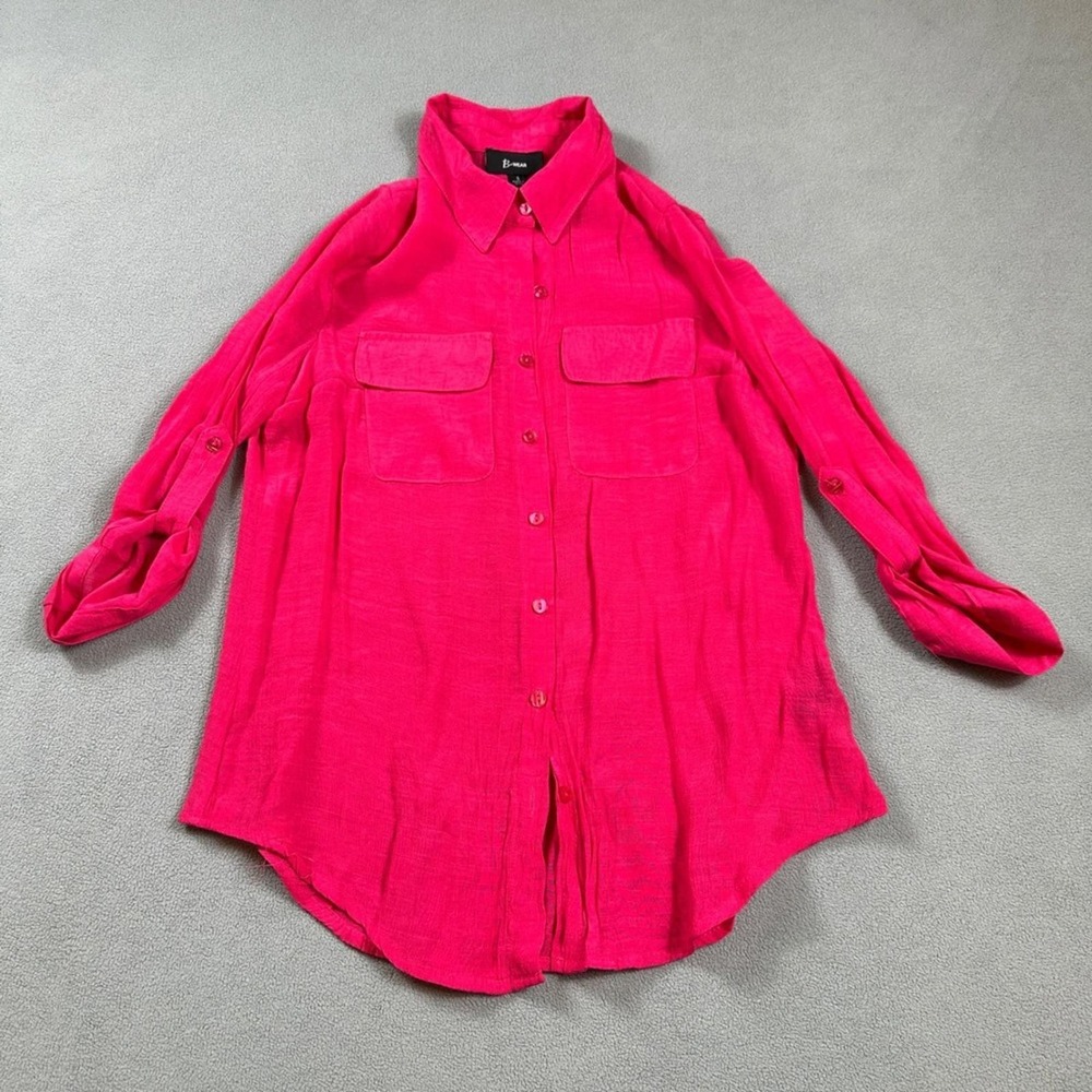 B-Wear Womens Hot Pink Roll Tab Sleeve Button Down Shirt Size S Tunic Pocket